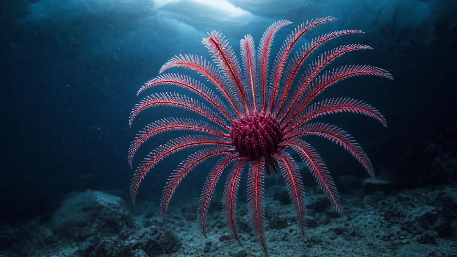 Comatule antarctique Promachocrinus fragarius avec 20 bras plumeux violacé-rougeâtre formant une silhouette rappelant une fraise dans les eaux sombres de l'Antarctique.