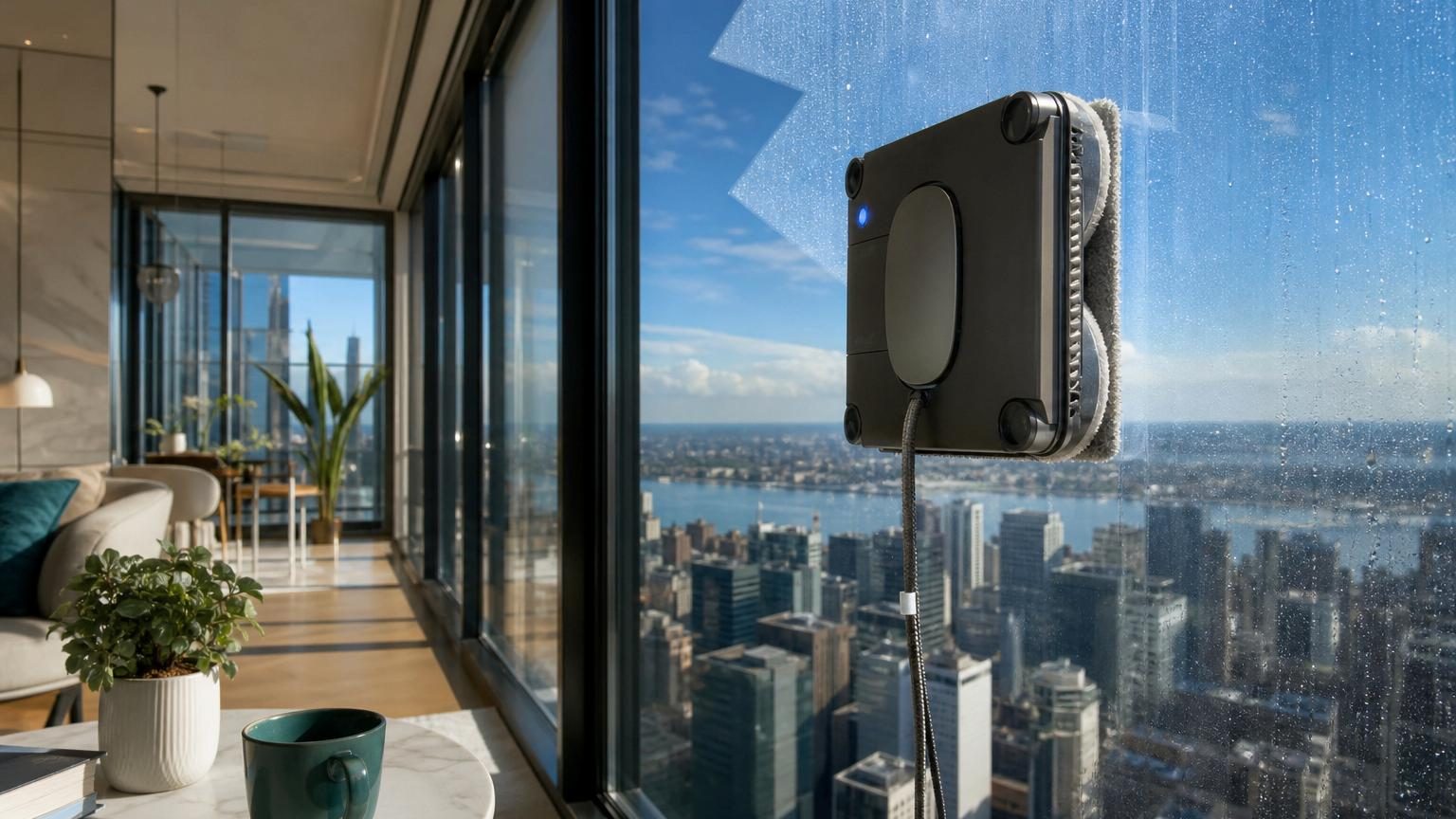 Un robot lave-vitres compact plaqué contre une grande fenêtre vitrée, nettoyant automatiquement la surface en suivant un parcours régulier, tandis qu'une personne observe à proximité.