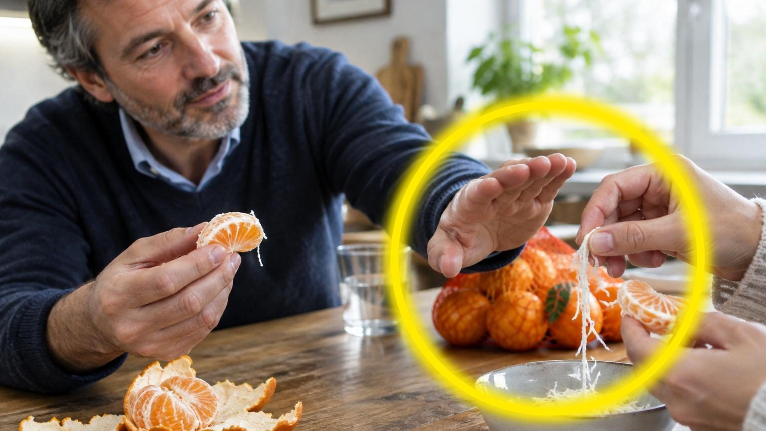 Mandarine épluchée montrant ses quartiers avec les filaments blancs (albédo) visibles autour de la pulpe orange