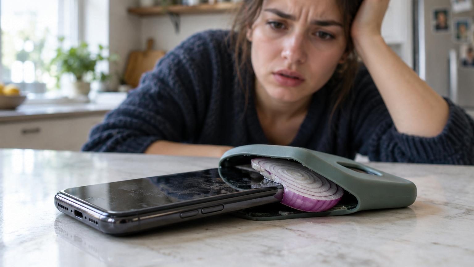 Smartphone avec une tranche d'oignon glissée entre la coque et le dos de l'appareil, illustrant la tendance virale de refroidissement par légume.