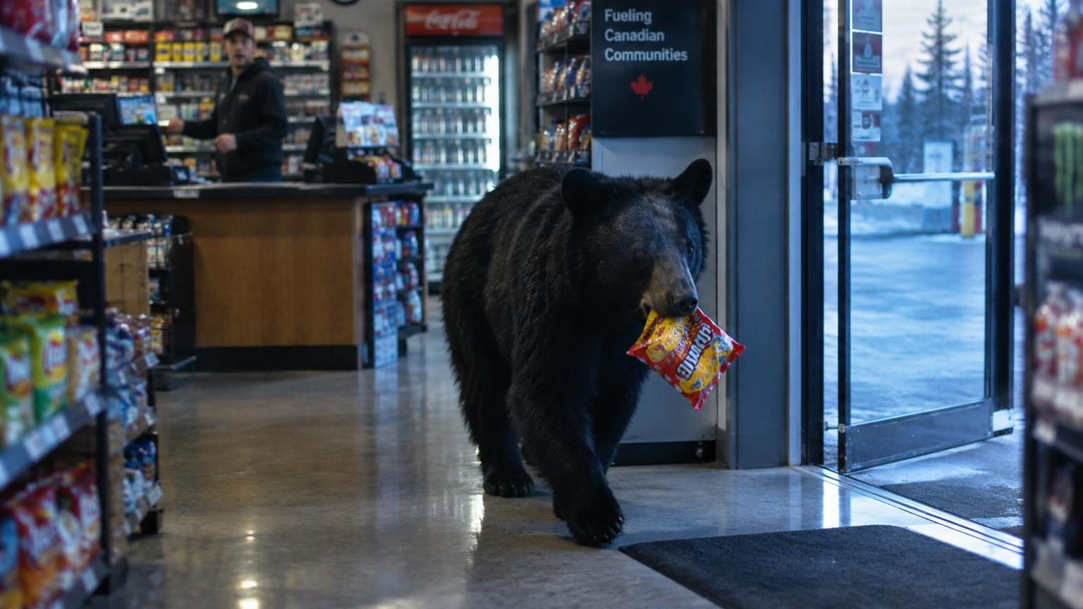 Un ours noir entre dans une station-service et repart avec un sachet de bonbons : ce ne sont pas des friandises au hasard qu'il a choisies
