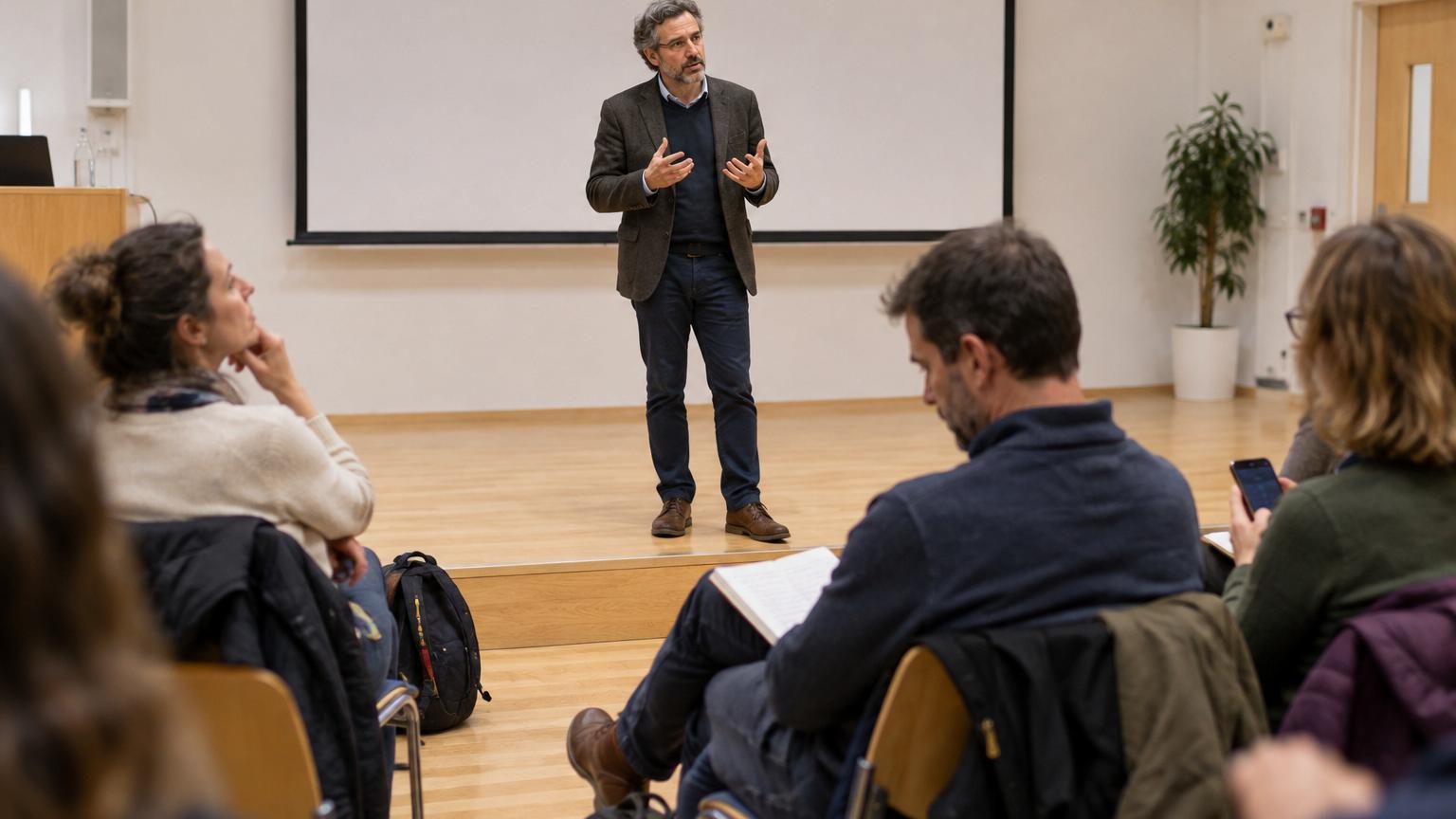 Un philosophe à la voix calme prenant la parole devant un groupe de parents attentifs, certains prenant des notes, d'autres ayant des expressions pensives en écoutant son alerte sur le danger de faire du bonheur une injonction pour les jeunes.