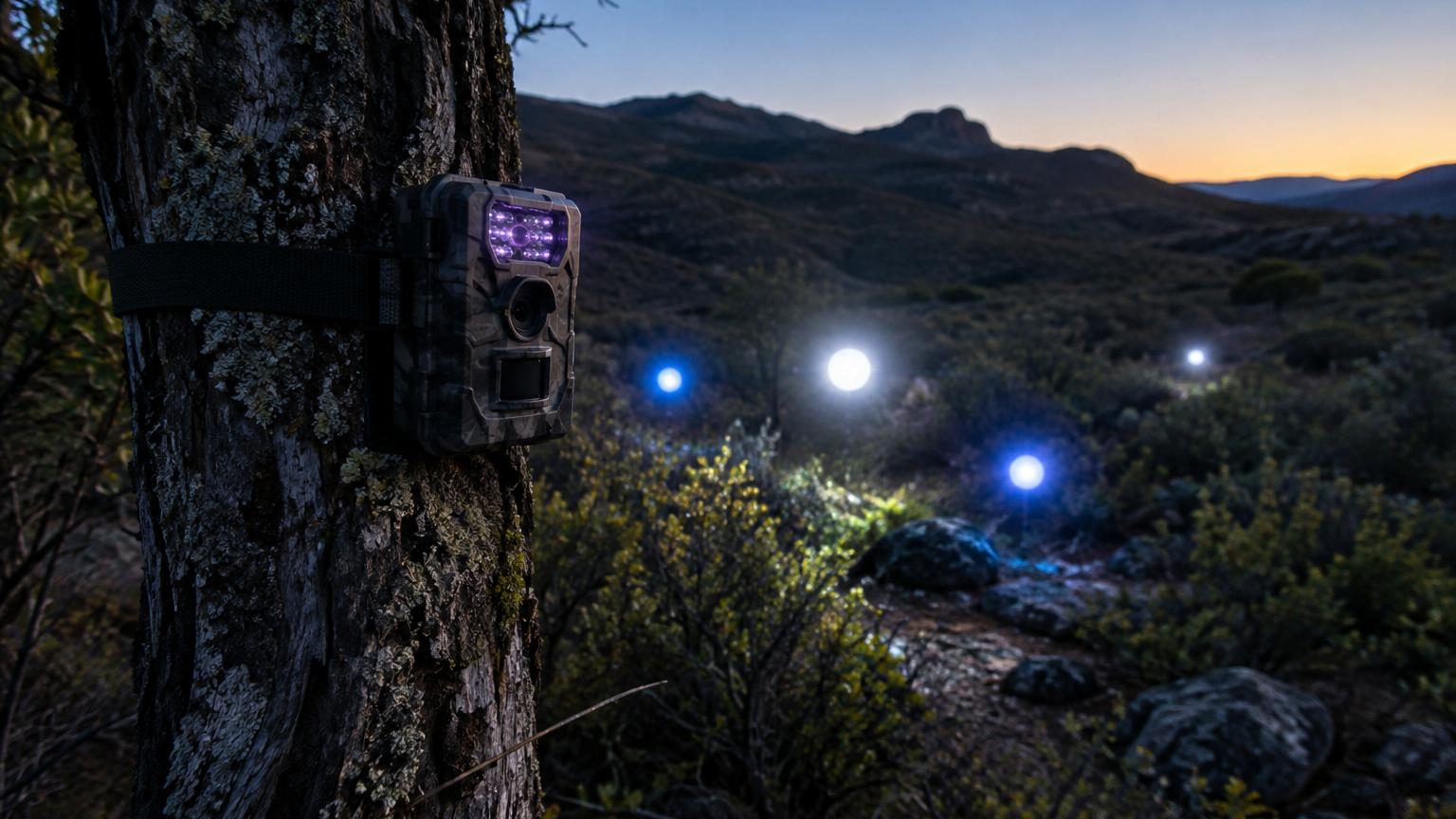Trois photographies nocturnes superposées montrant des faisceaux lumineux intensément éclairés descendant progressivement vers une caméra de surveillance en Patagonie.