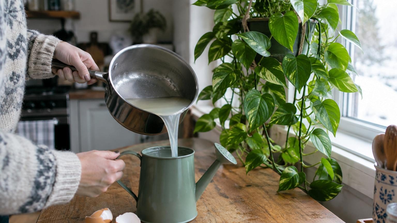 Un pothos aux feuilles vertes et brillantes poussant vigoureusement le long d'une tringle, avec en arrière-plan une casserole d'eau de cuisson d'œufs refroidissant sur un plan de travail.