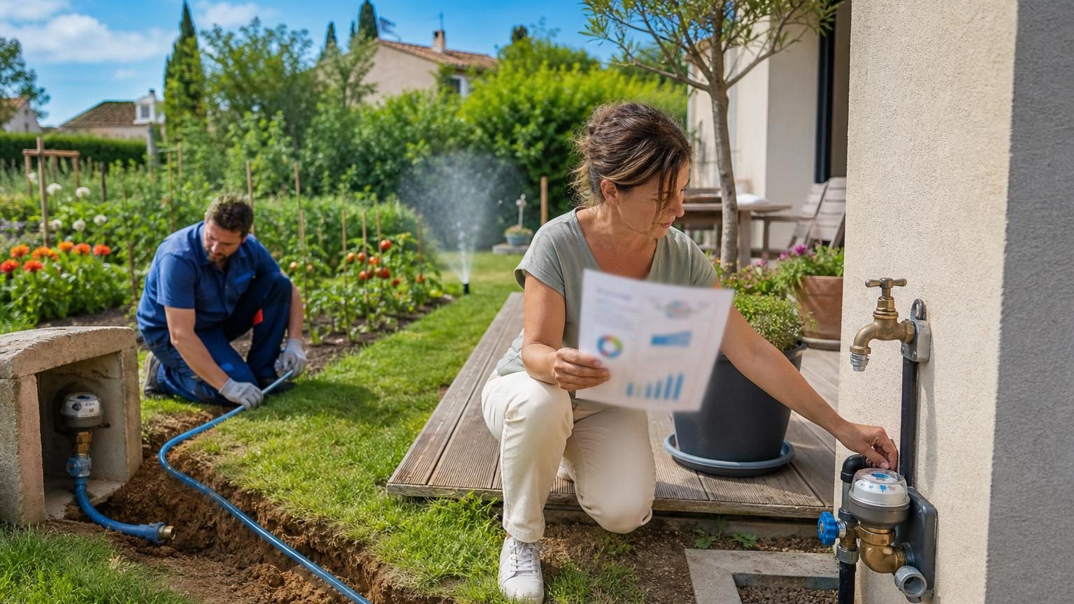 Robinet extérieur sur un mur avec tuyau d'arrosage vert, reflétant la possibilité d'une arrivée d'eau distincte pour le jardin