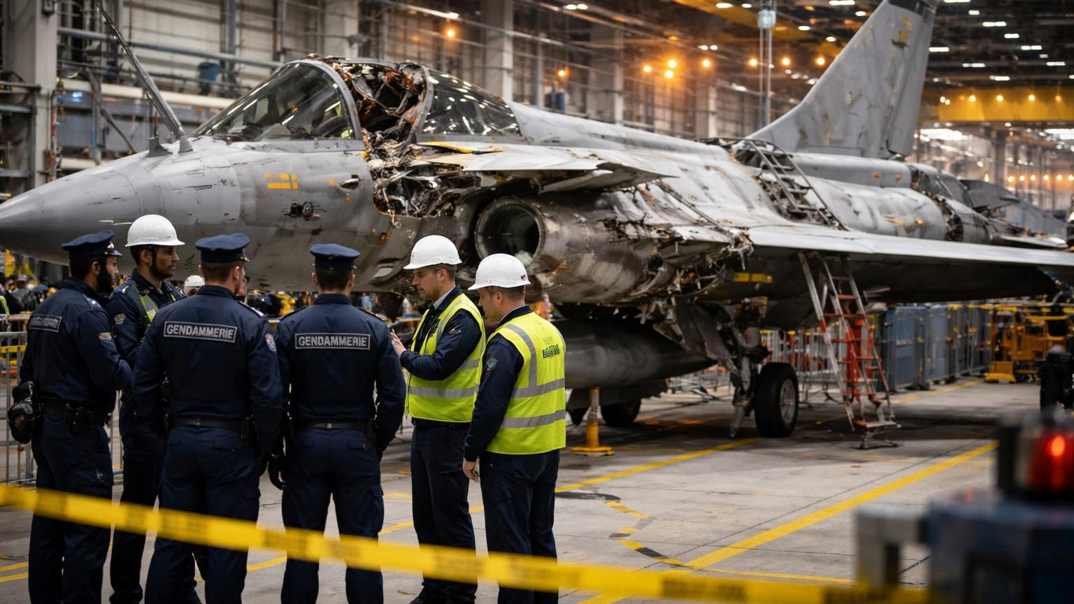 Intérieur d'une usine aéronautique avec un avion de chasse Rafale en cours d'assemblage sur la chaîne de montage, illustrant la sensibilité des sites de défense français.