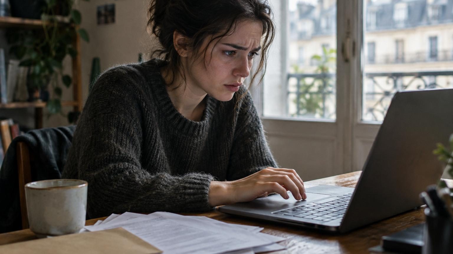Personne relisant un mail de candidature à l'écran d'un ordinateur, attentive à sa rédaction et sa signature.