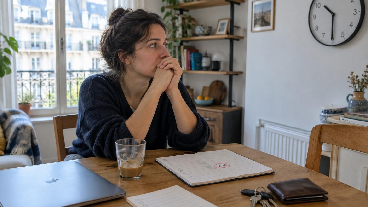 Une personne assise à un bureau, regardant l'heure avec une expression d'attente figée, entourée de tâches inachevées, symbolisant l'état de veille mentale du mode attente.