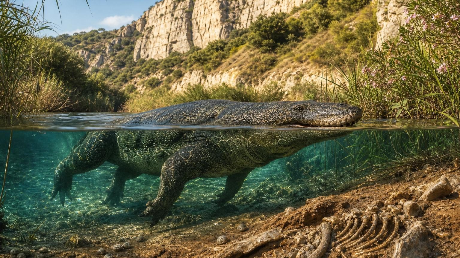 Fossile partiel de reptile aquatique du Crétacé mesurant 2,5 mètres, avec ossements denses et membres ressemblant à des pattes adaptées à l'eau douce.