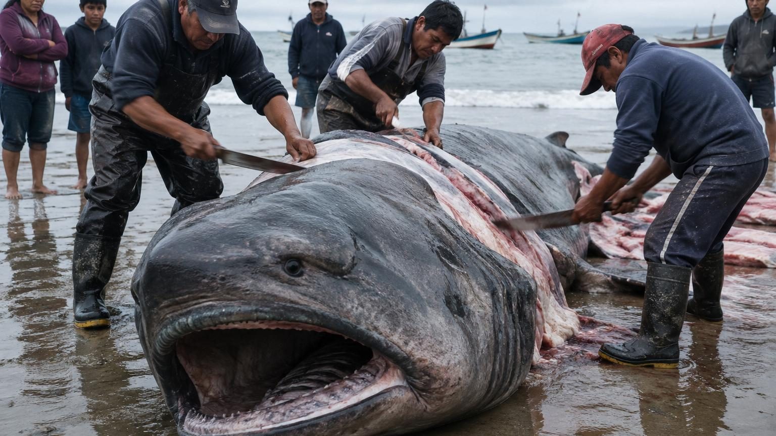 Un requin grande-gueule, espèce vue moins de 300 fois dans le monde, échoue au Pérou : les habitants l&rsquo;ont découpé en filets