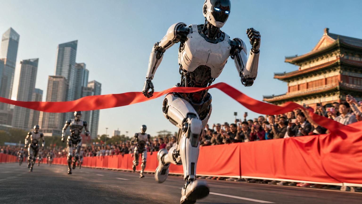 Robot humanoïde argenté et noir en train de courir lors d'une course de semi-marathon à Pékin, avec des spectateurs et des obstacles urbains en arrière-plan.