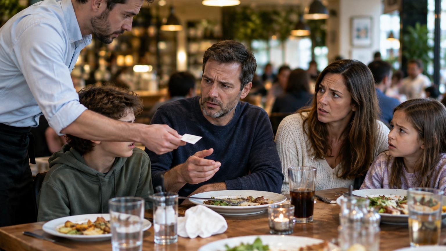 Un serveur remettant discrètement un petit mot plié à un homme attablé avec sa femme et son bébé au restaurant, représentant l'instant où le message médical sur le grain de beauté inquiétant est livré.