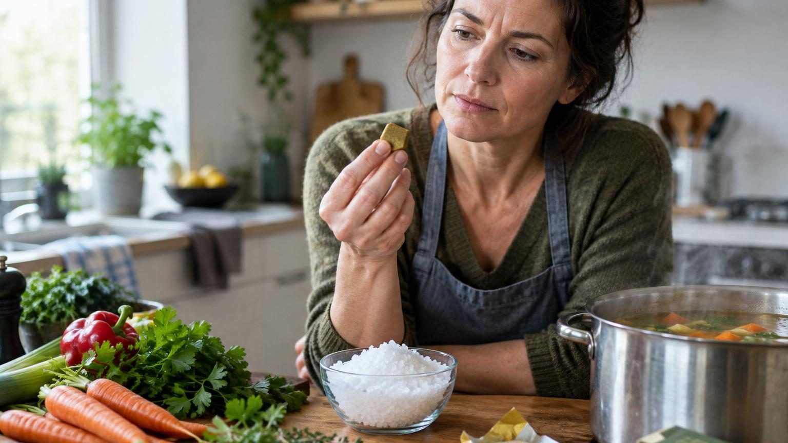 Bouillon cube traditionnel posé à côté d'une casserole avec de l'eau chaude, illustrant l'utilisation quotidienne du produit en cuisine