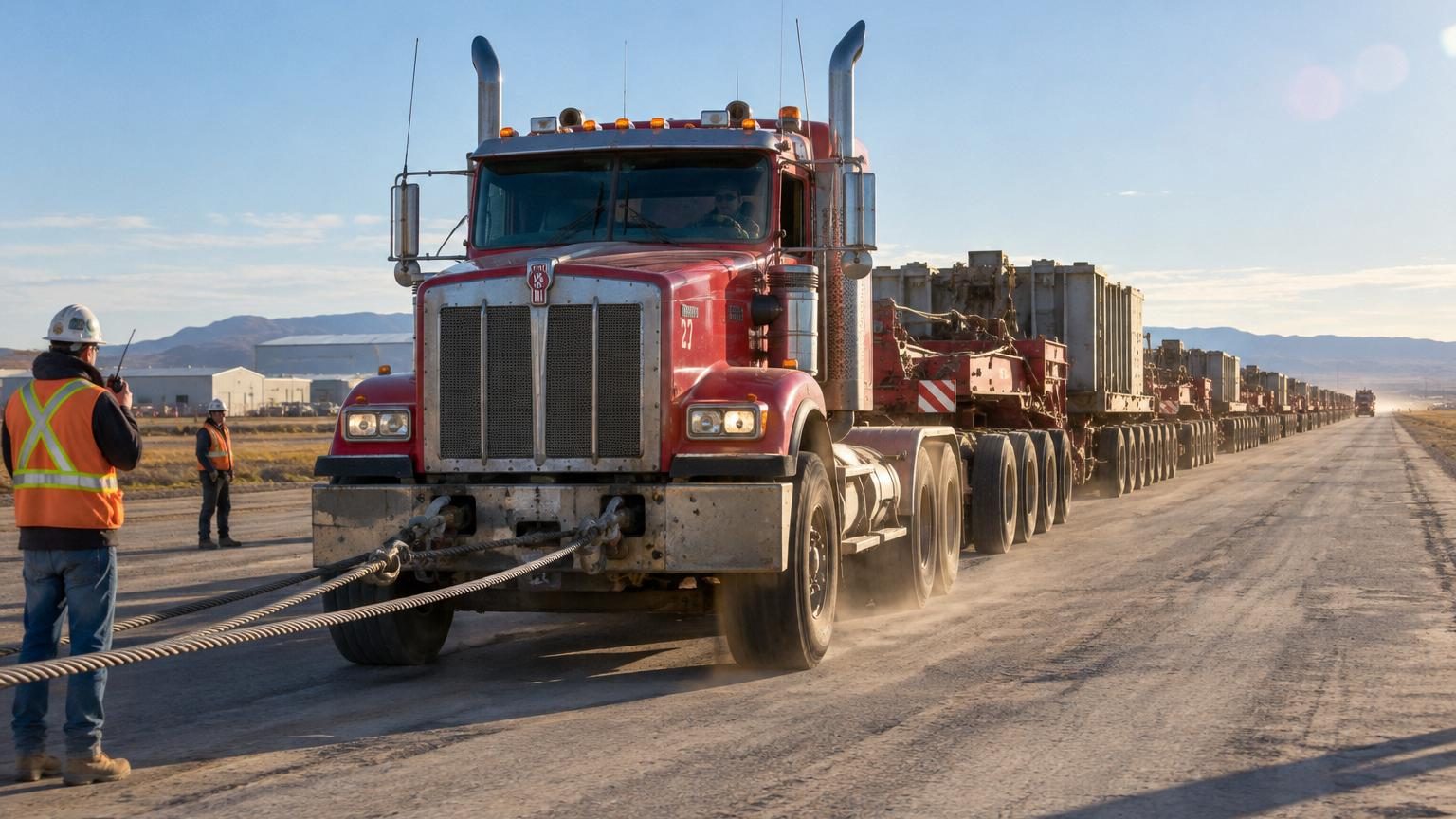 Convoi spectaculaire de 113 semi-remorques alignées sur plus d'un kilomètre à travers une plaine australienne, tracté par un unique camion Mack Titan.