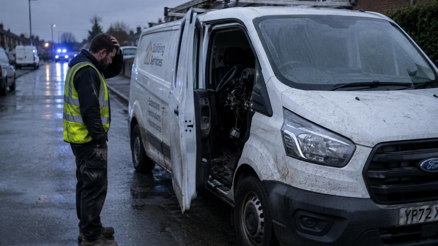Utilitaire Ford Transit blanc photographié de trois quarts avant sur un parking, symbole des vols les plus fréquents au Royaume-Uni.