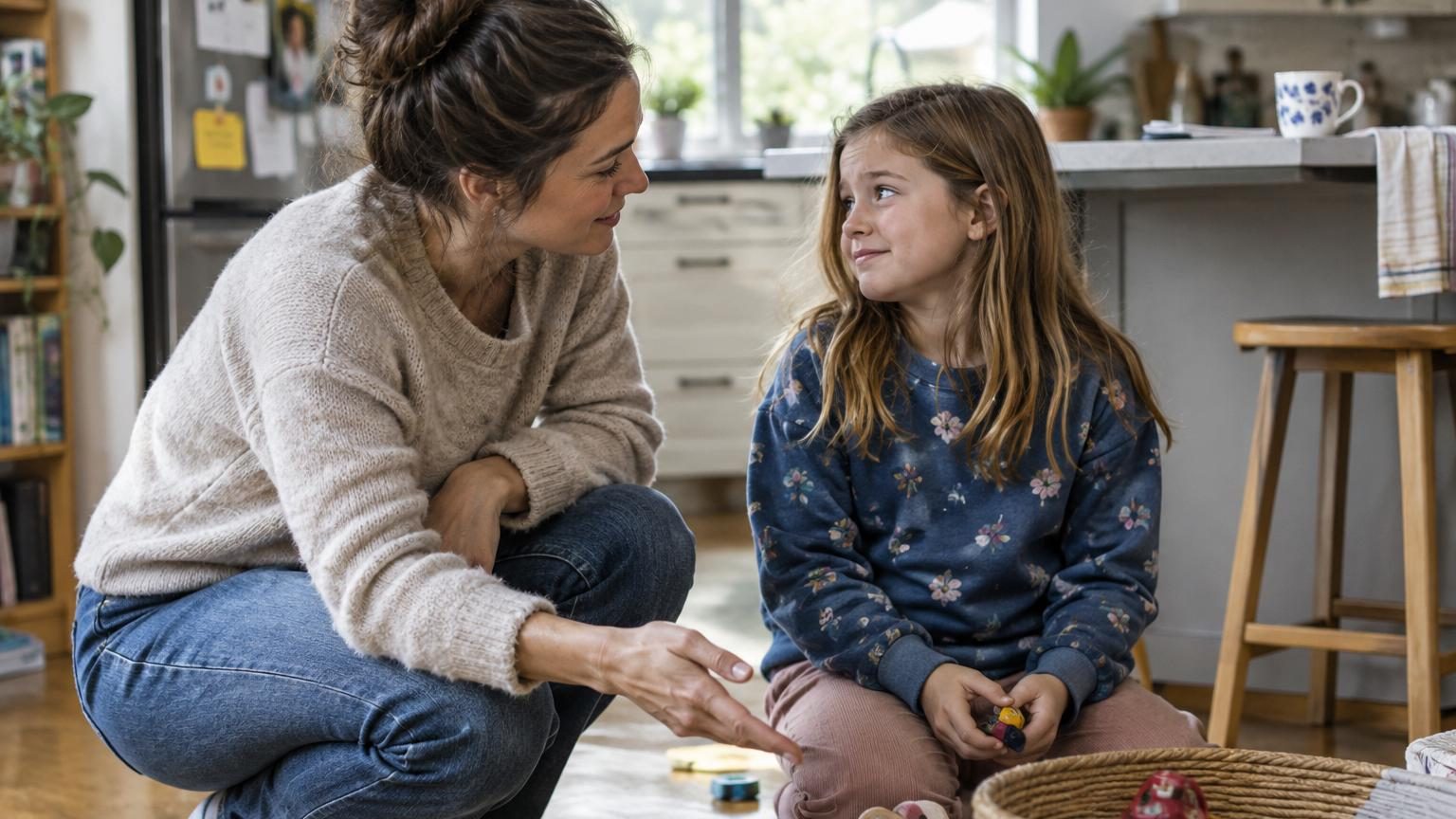 Parent et enfant le matin dans la cuisine, parent demandant à l'enfant de se préparer rapidement avant l'école, illustrant la scène classique de coopération éducative.