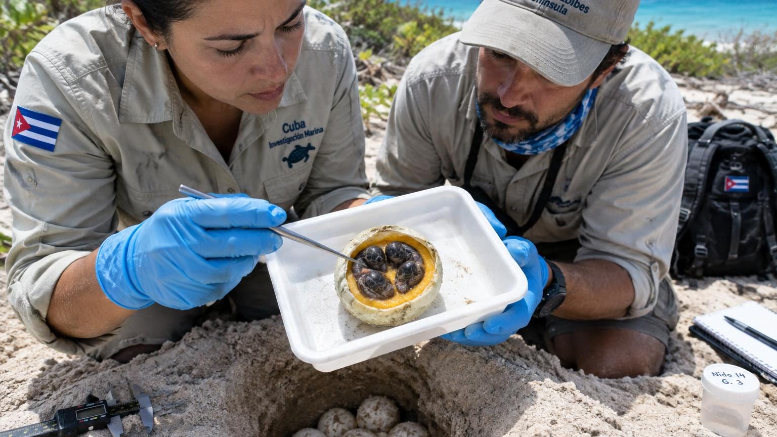 Trois embryons de tortue verte en développement accolés à une masse unique de jaune d'œuf, photographiés lors de la nécropsie.