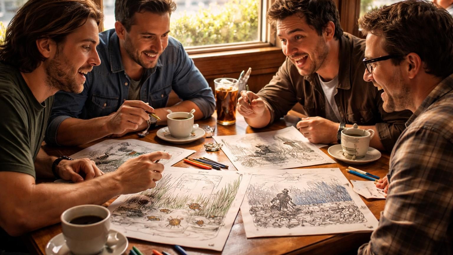 Illustration conceptuelle montrant quatre créateurs de Pixar réunis autour d'une table de déjeuner en Californie, dans une ambiance créative avec des esquisses de personnages animés (fourmis, monstres, poisson clown, robot) émergeant de la discussion.