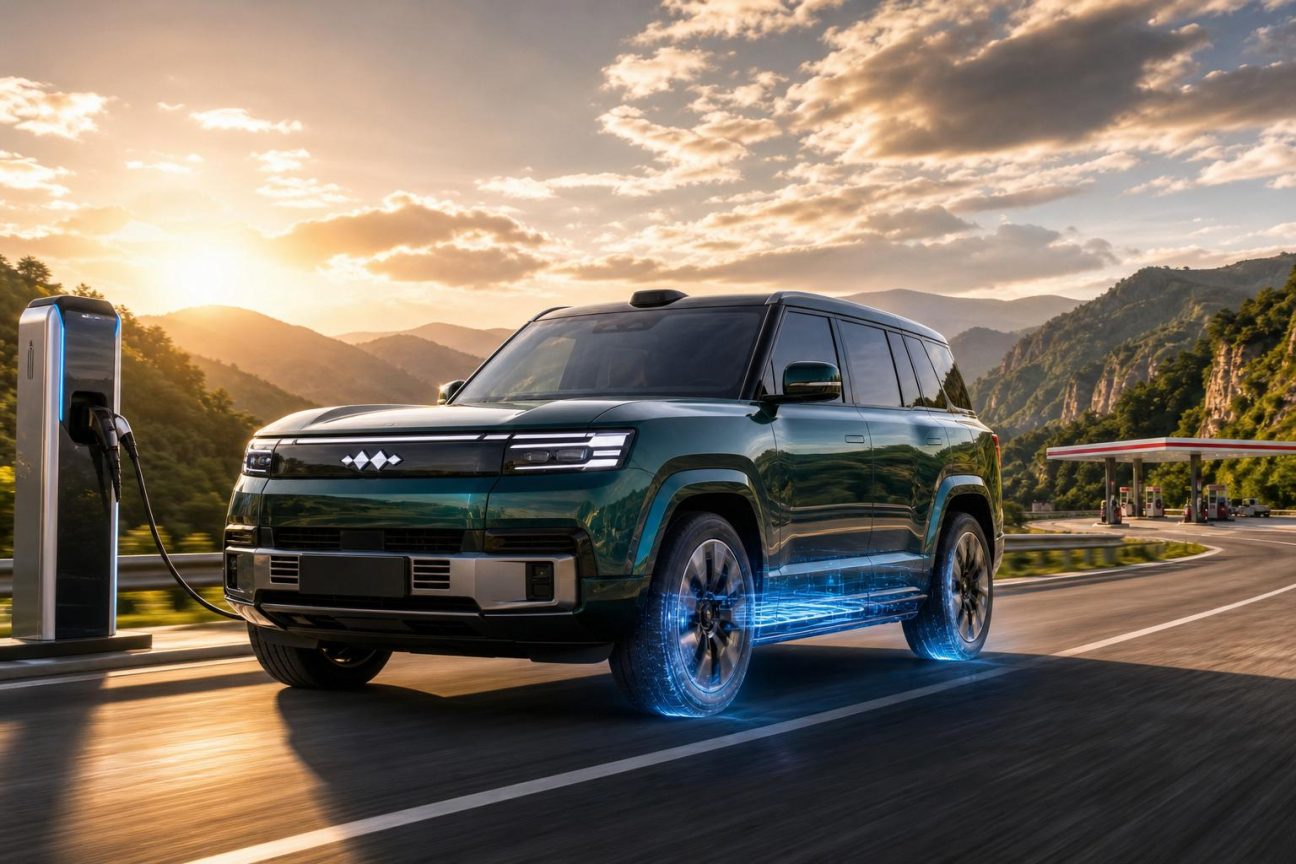 SUV hybride rechargeable Fang Cheng Bao Ti9 en trois-quarts avant, véhicule imposant de 5,27 mètres de long avec design moderne et proportions massives