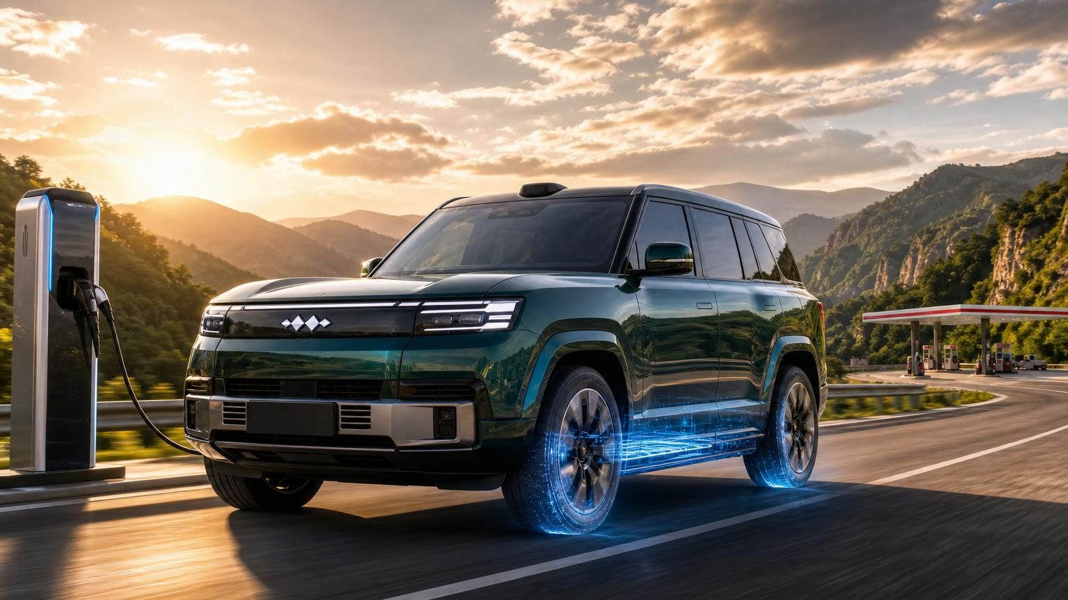 SUV hybride rechargeable gris imposant de profil, présenté dans un contexte de showroom automobile moderne avec éclairage contemporain