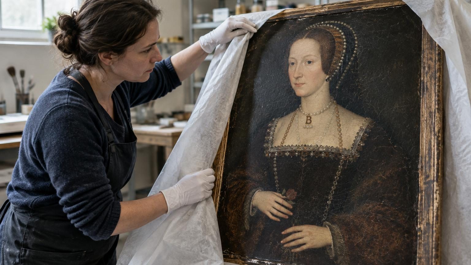 Portrait ancien d'Anne Boleyn vêtue d'une robe Tudor richement ornée, affichant ses mains fines avec dix doigts visibles et bagues, coiffure et bijoux de cour