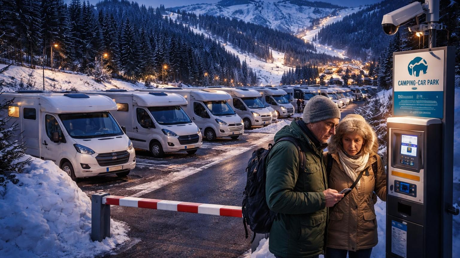 Aire de camping-car modernisée avec emplacements délimités, chalets ou bâtiments de service en arrière-plan, entourée de forêt de sapins en montagne.