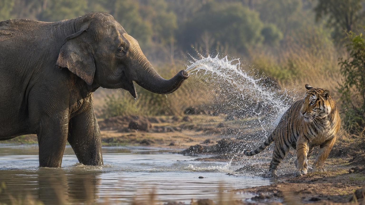 Un tigre s'approche du point d'eau : l'éléphant ne l'attaque pas, il l'asperge pour le faire fuir