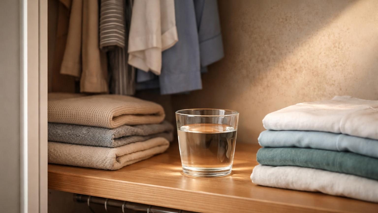 Un verre transparent rempli de vinaigre blanc posé dans un coin de placard en bois, entre des vêtements suspendus, illustration du remède naturel contre l'humidité.