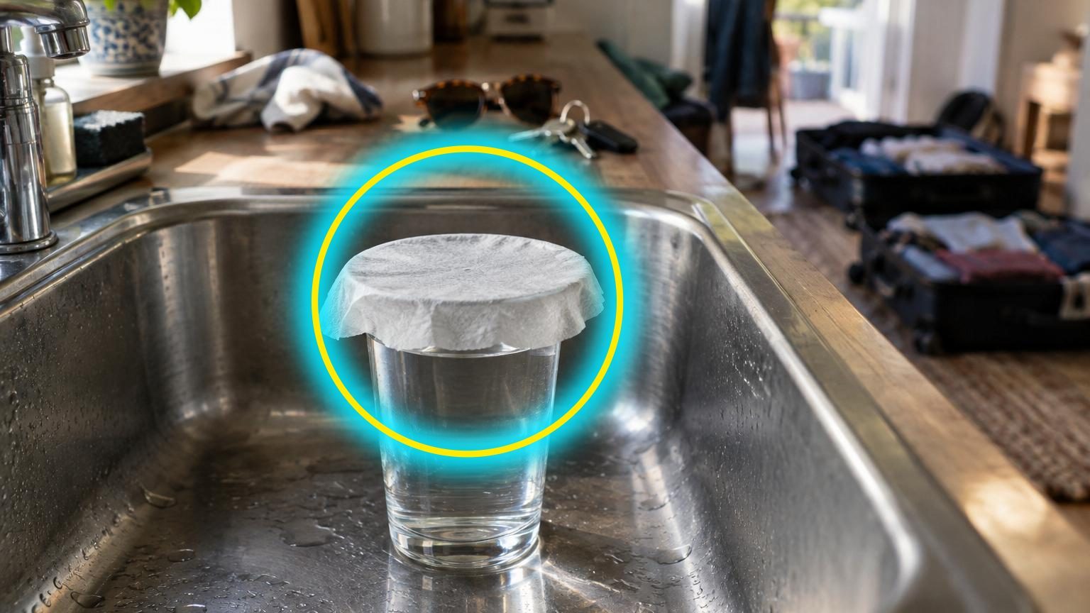 Un verre rempli d'eau recouvert d'une feuille de papier blanc posé dans un évier vide, illustrant l'astuce de surveillance pour détecter les fuites pendant une absence.