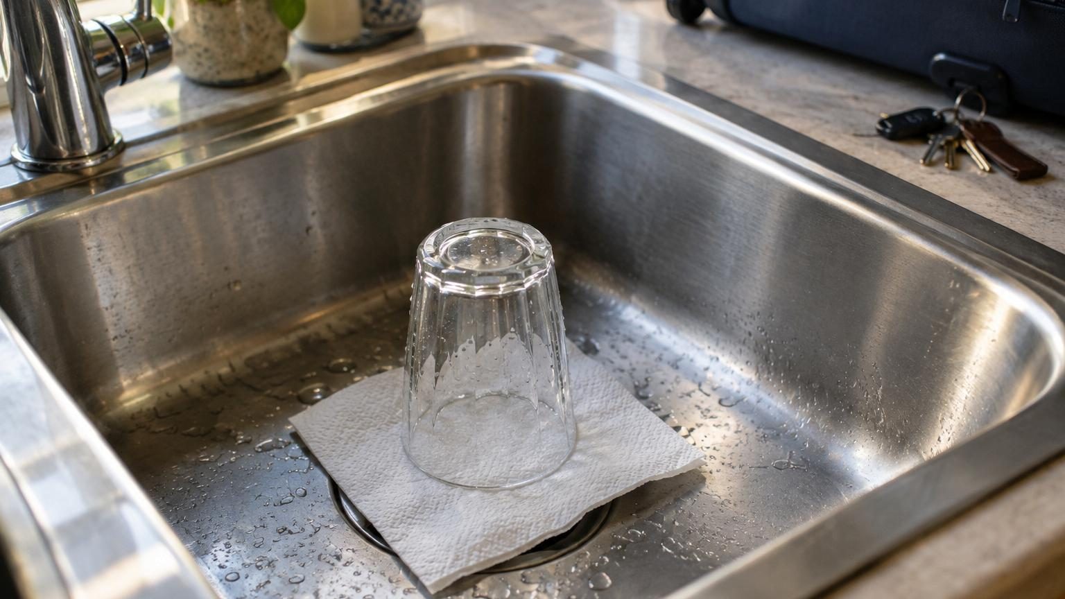 Un verre transparent retourné posé sur une feuille de papier absorbant humide au-dessus de la bonde d'un évier blanc, formant une barrière hermétique.