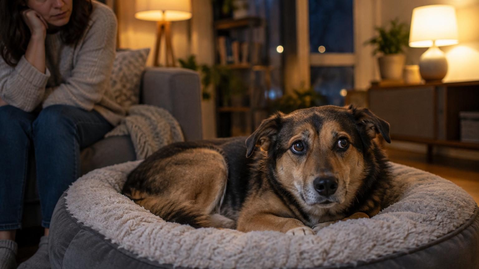Chien endormi dans un panier sombre, sans lumière artificielle, illustrant la prévention contre les piqûres d'insectes nocturnes