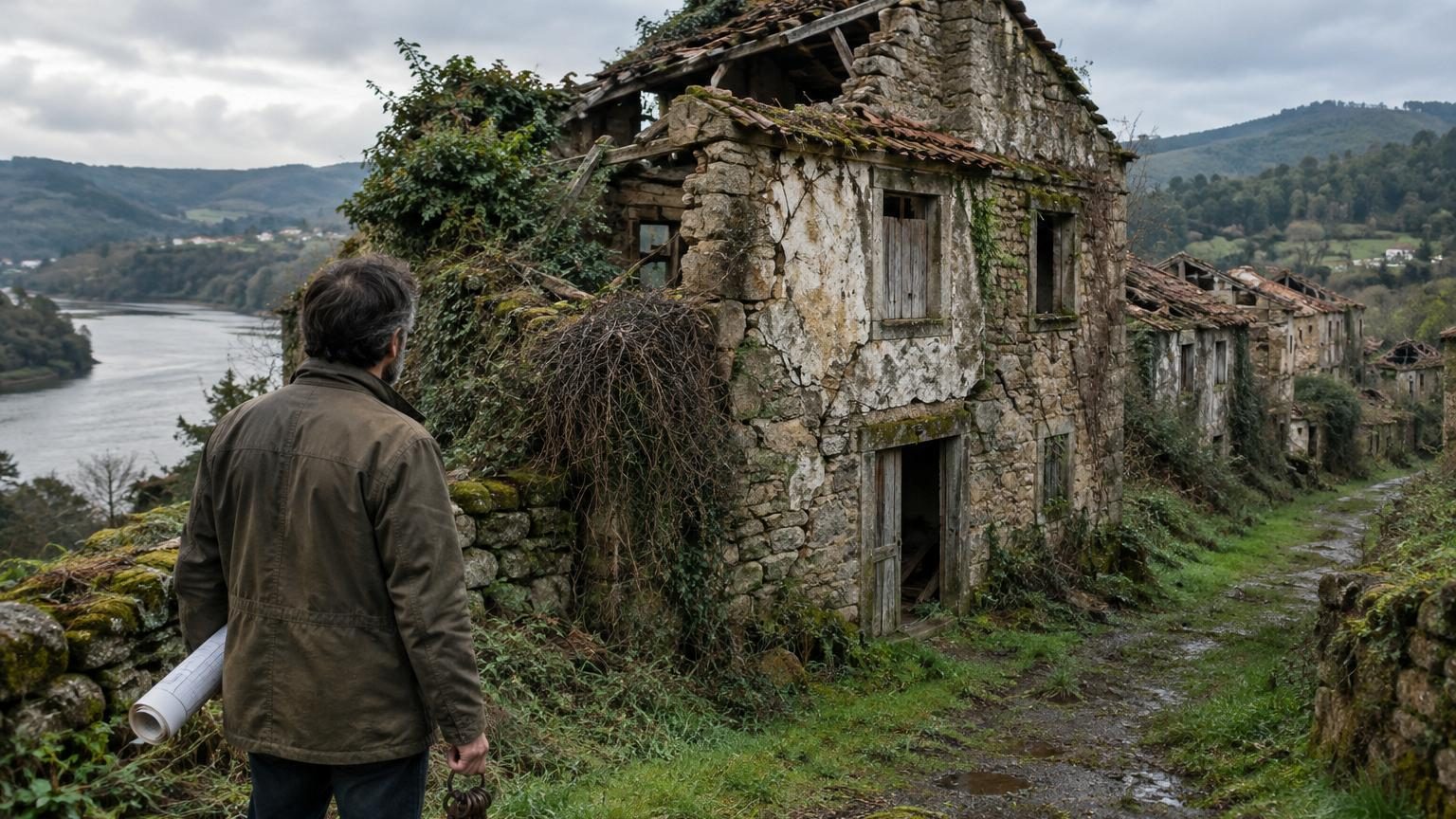 Hameau de pierre ancien à flanc de colline près d'un fleuve, avec maisons en ruine dispersées et végétation envahissante, paysage rural abandonné.