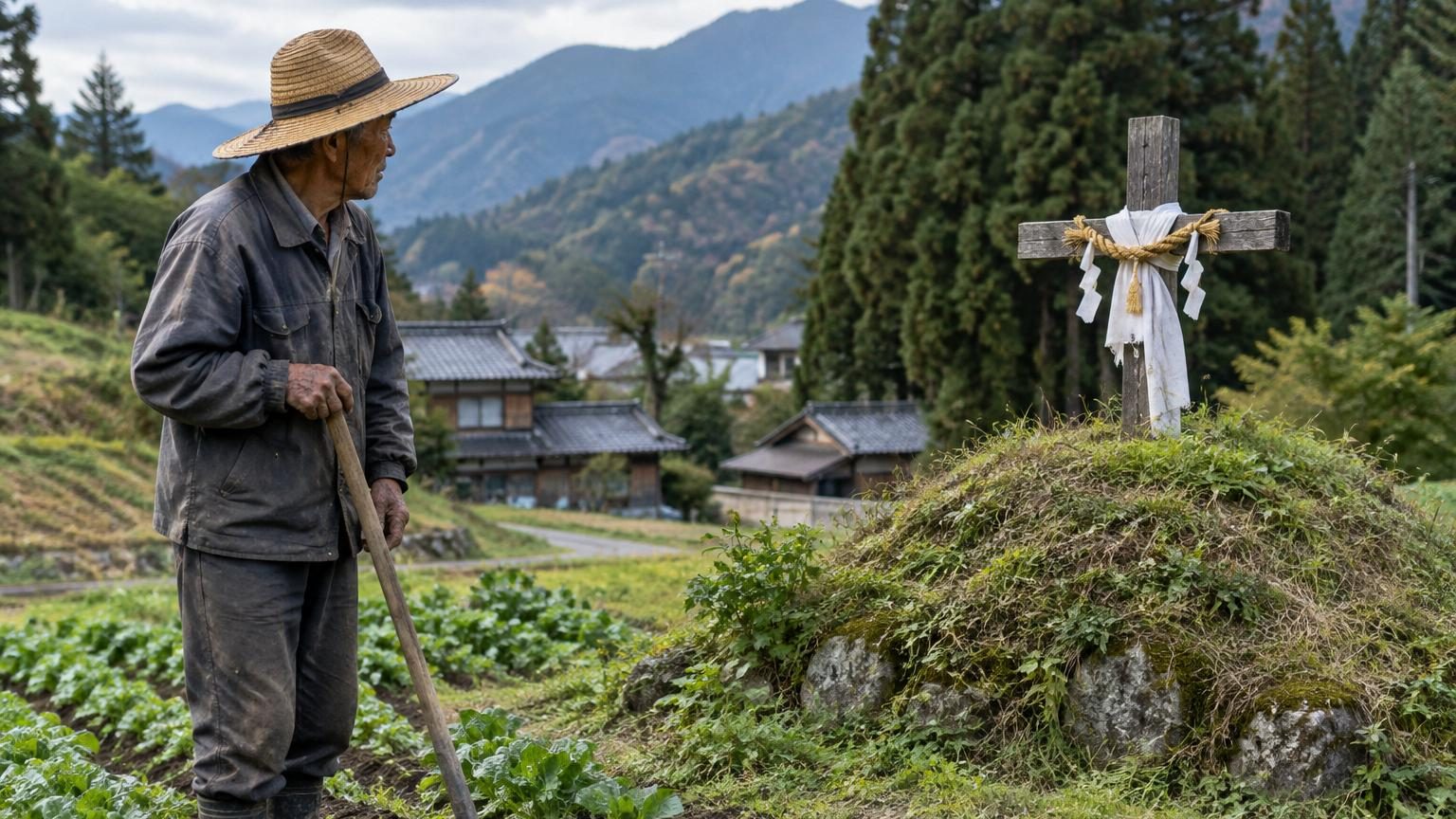 Deux monticules de terre entourés de barrières blanches, surmontés de grandes croix en bois, au milieu d'un paysage rural japonais avec forêts et collines.