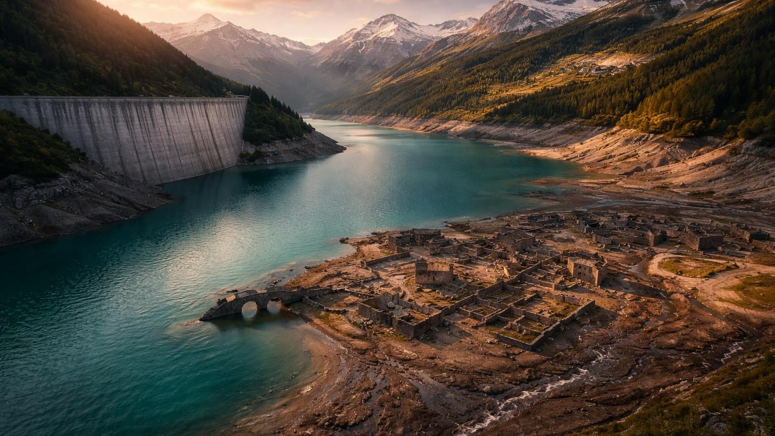 Vue aérienne du lac du Chevril en Savoie avec le barrage de béton blanc à l'arrière-plan, entouré de montagnes, avec quelques ruines visibles sur les rives lors de la baisse saisonnière du niveau de l'eau
