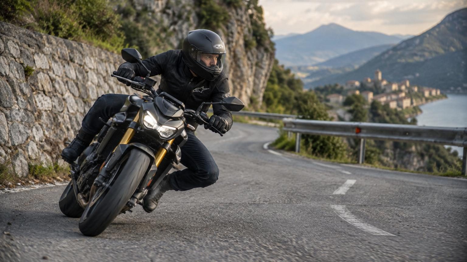 Motard en équipement de route penchant la moto dans un virage sur asphalt gris par mauvais temps.