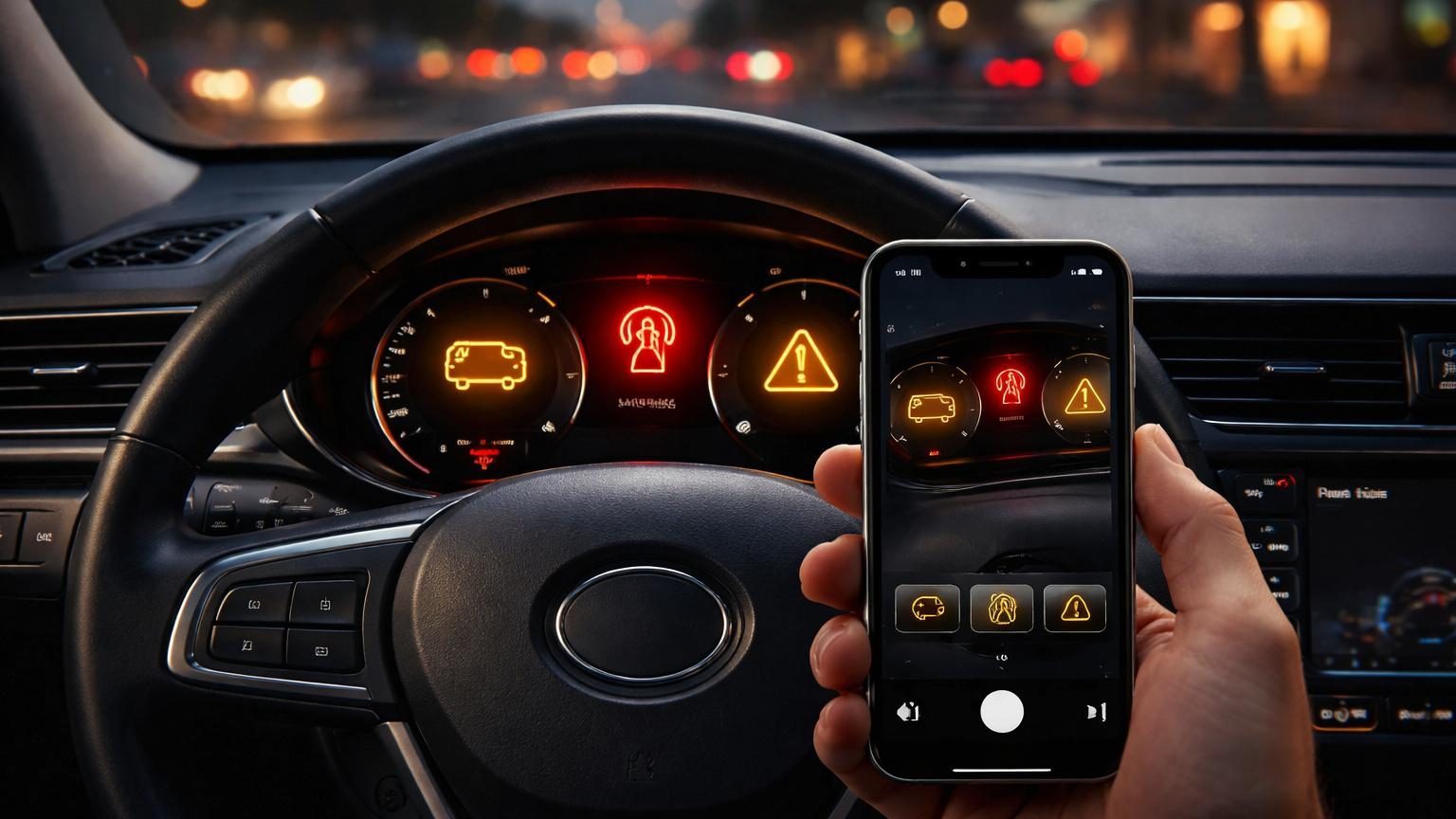 Écran d'iPhone affichant l'interface Visual Look Up avec l'analyse d'un voyant de tableau de bord de voiture.