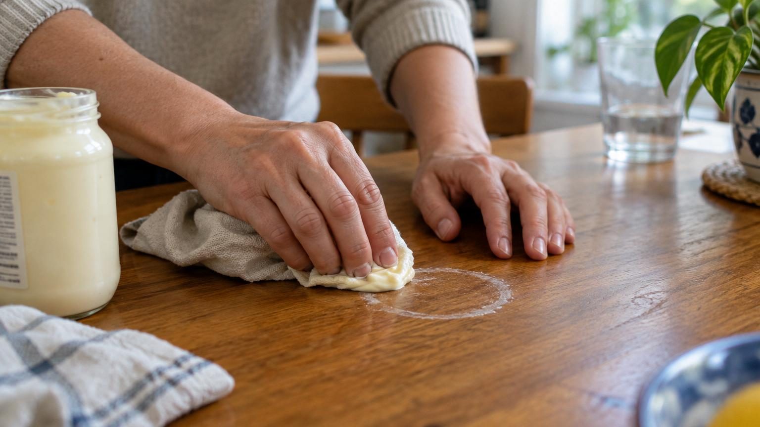 Table en bois vernie avec une auréole blanche laiteuse causée par l'humidité, illustrant le type de tache que la mayonnaise peut éliminer.