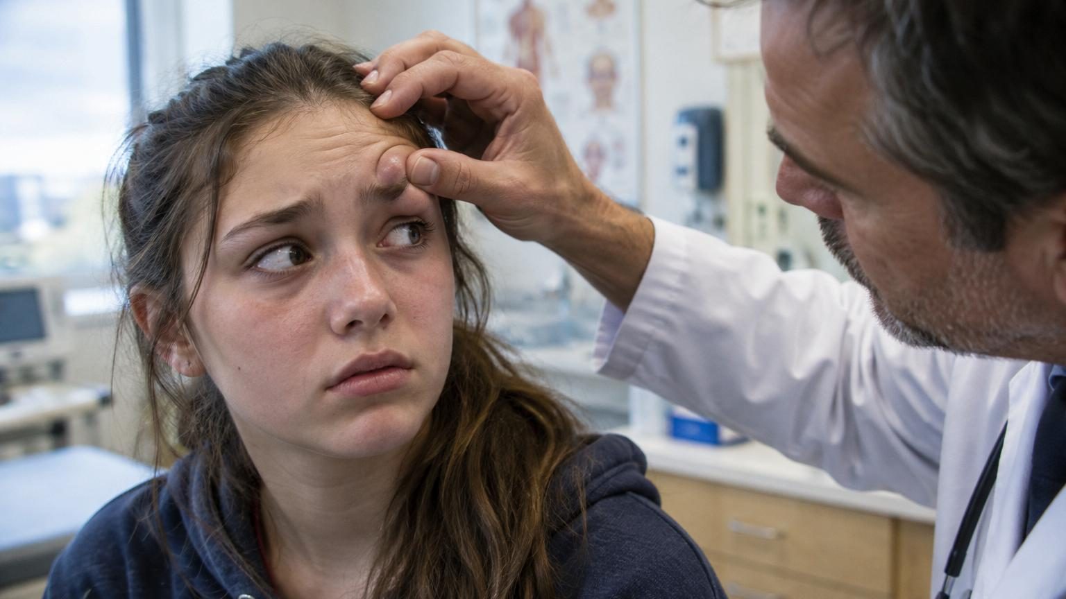 Illustration médicale montrant un adolescent de profil avec une bosse blanchâtre au-dessus de l'œil gauche, symbolisant la dent ectopique extraite de l'orbite.