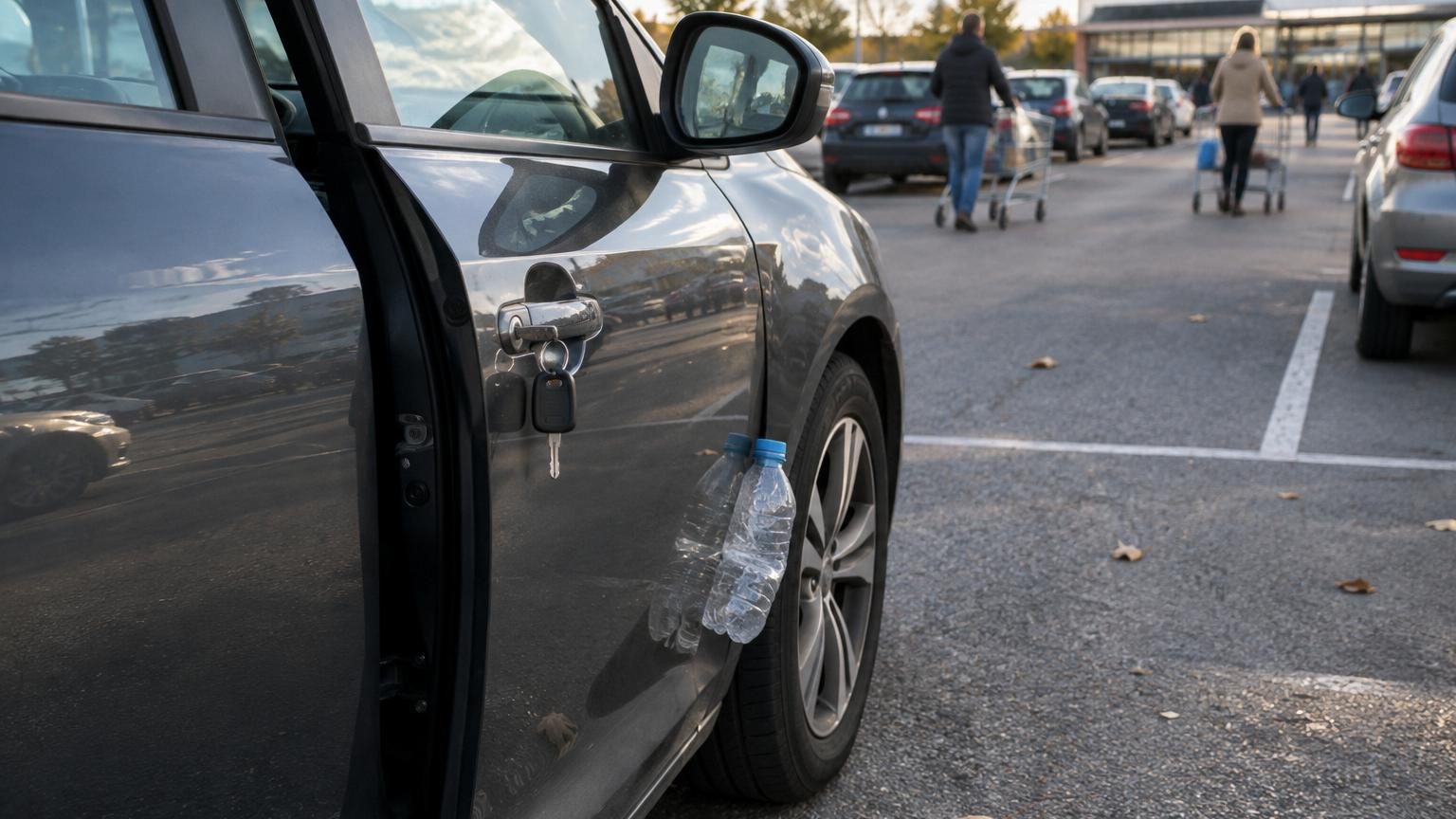 Bouteille en plastique écrasée posée contre la portière d'une voiture sur un parking de supermarché avec caddies en arrière-plan