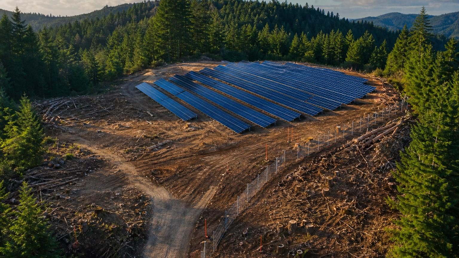 Vue aérienne d'une clairière récente en forêt avec des piquets orange marquant les contours d'un projet de centrale solaire en pleine nature boisée.
