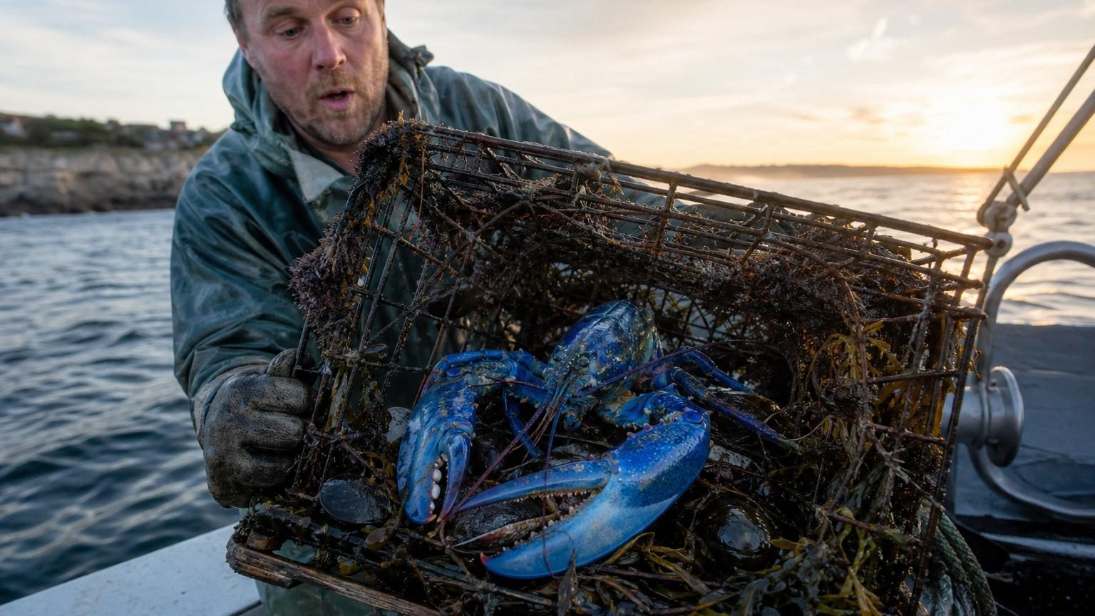 Un homard d'un bleu électrique lumineux gisant dans le fond métallique usé d'un casier de pêche rempli d'algues et de coquilles.
