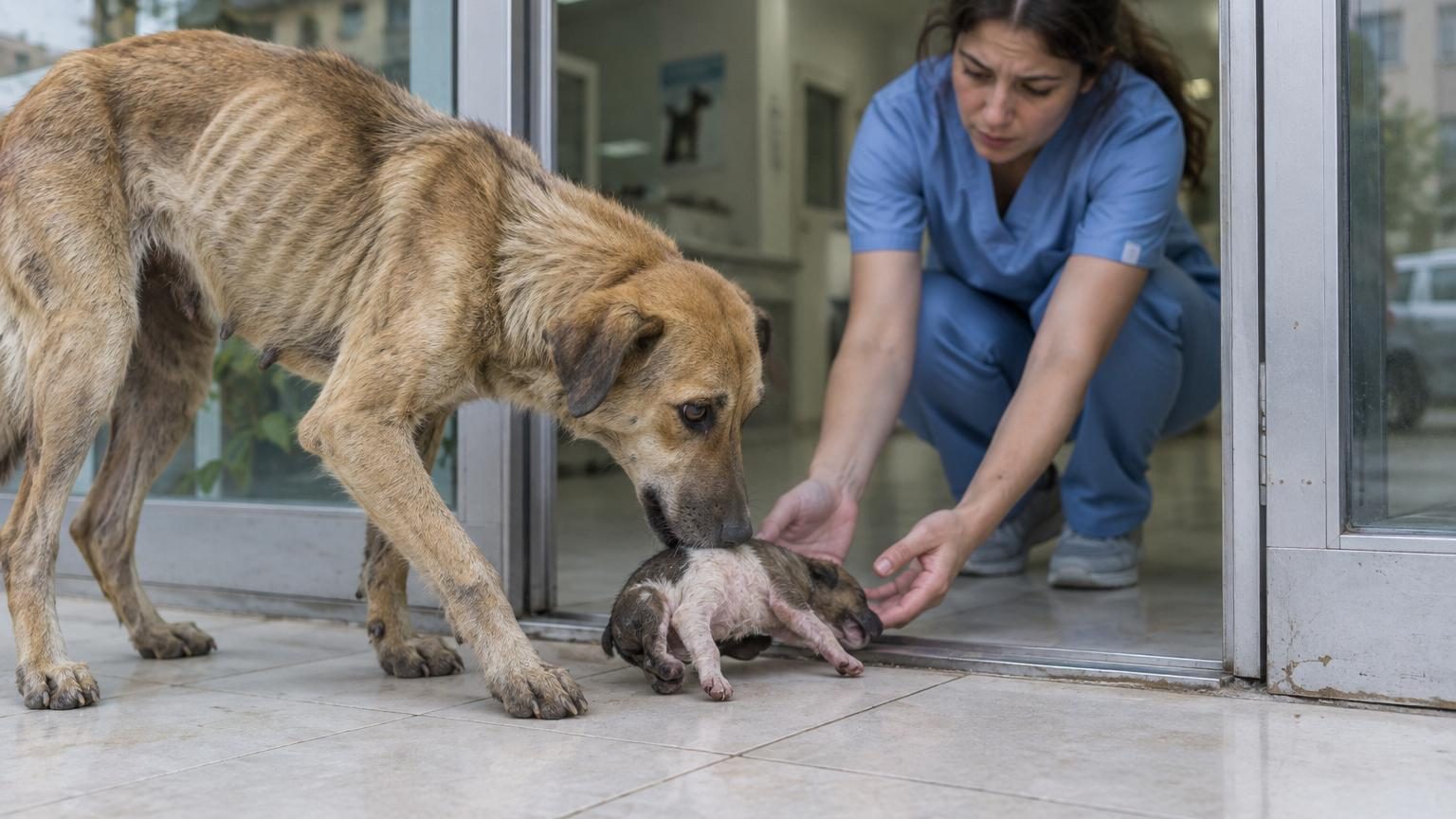 Une chienne errante dépose son chiot inconscient à la porte d'une clinique vétérinaire à Istanbul, observant attentivement les soignants qui viennent en aide à son petit.