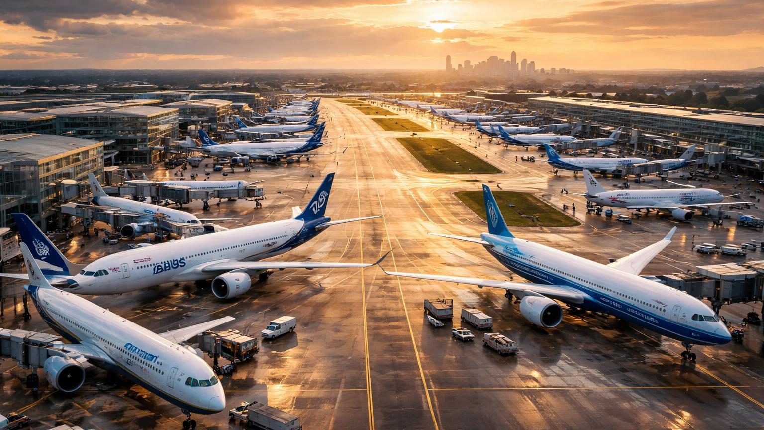 Illustration d'un avion de ligne moderne en vol au-dessus d'un paysage aérien, symbolisant une méga-commande aérienne entre Airbus et Boeing pour une compagnie britannique.