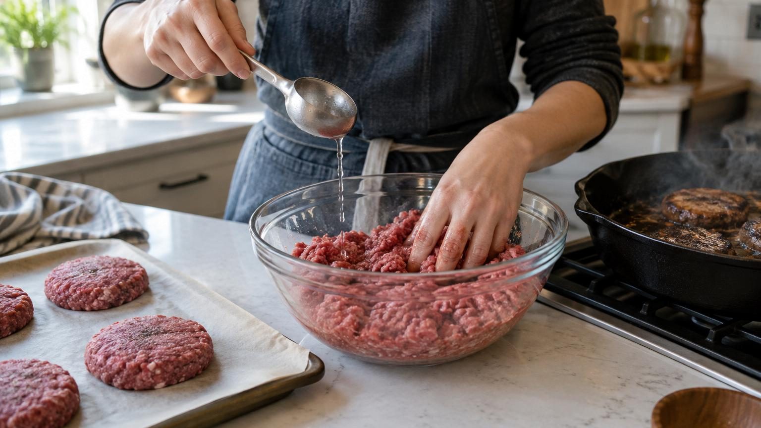 Burger maison saisi à la poêle avec une croûte dorée, présenté en coupe pour montrer l'intérieur juteux et moelleux.