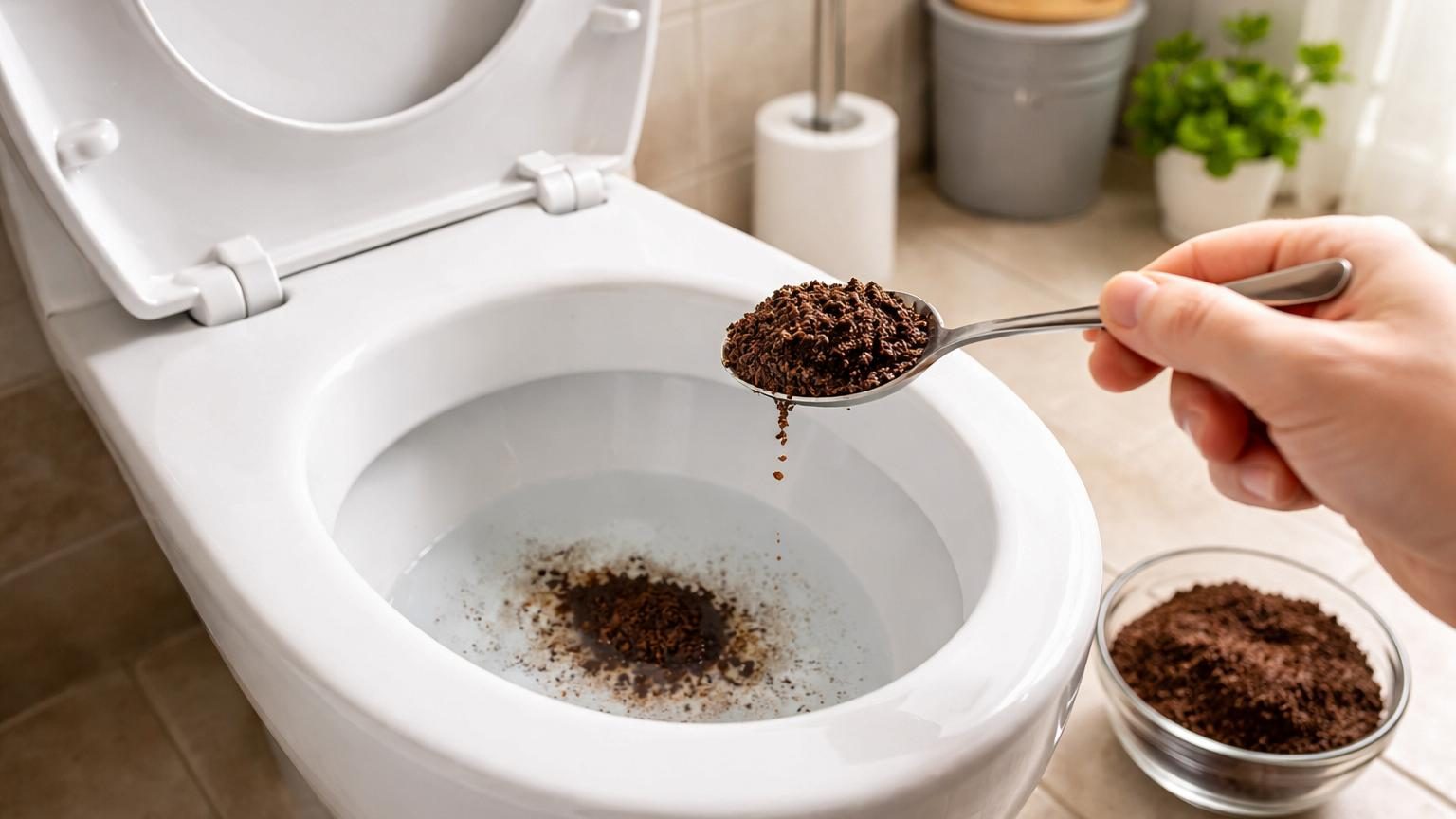 Cuillère de marc de café humide au-dessus d'une cuvette de toilettes blanche, avec une brosse de nettoyage à proximité.