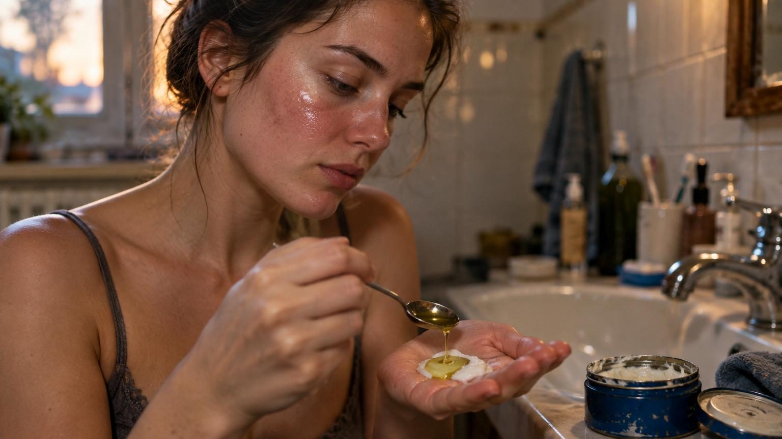 Pot bleu de crème Nivea ouvert avec une cuillère, à côté d'une petite bouteille d'huile d'olive dorée, sur un rebord de lavabo blanc