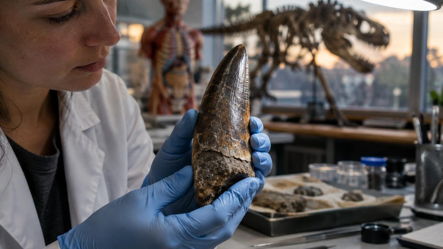 Représentation scientifique d'un Tyrannosaurus rex avec sa température corporelle de 36 degrés Celsius et une dent fossilisée en gros plan montrant l'émail analysé.