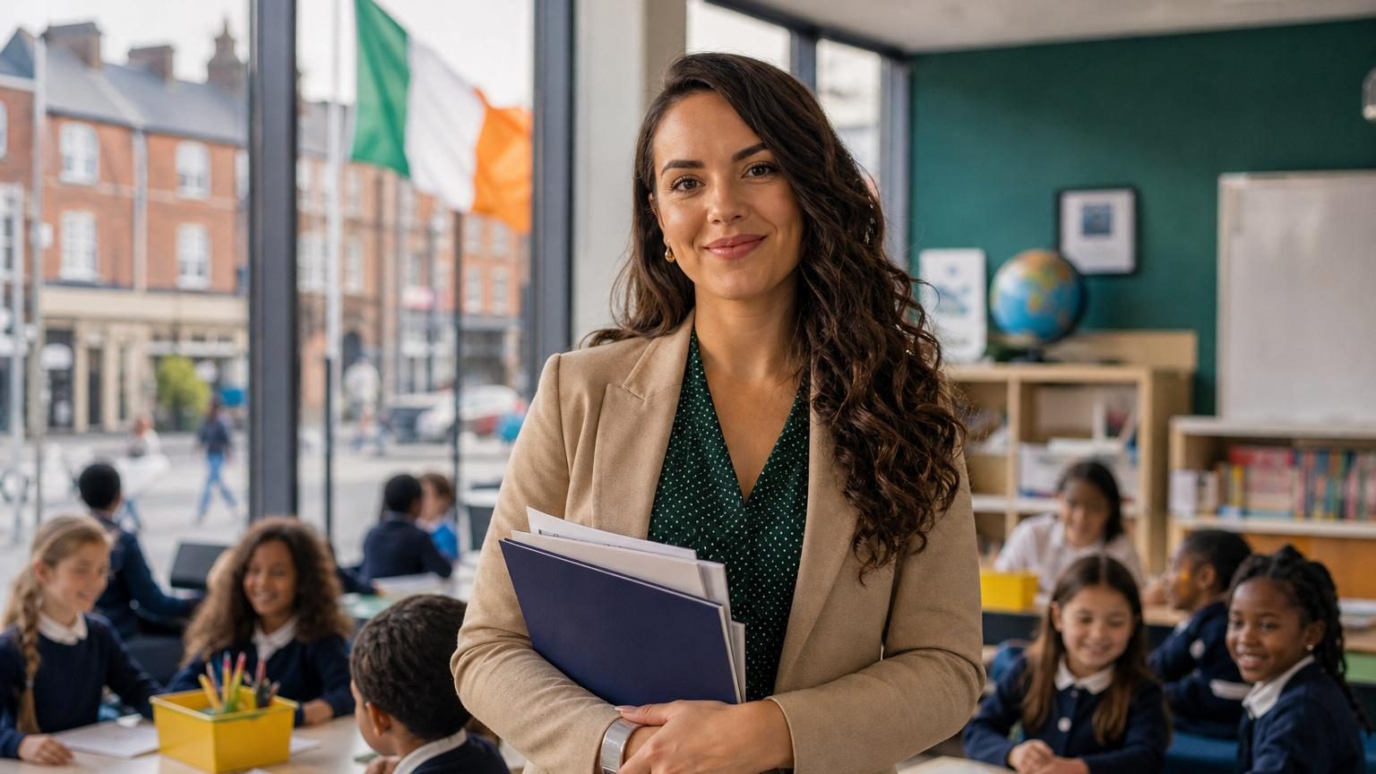 Une enseignante travaille auprès de jeunes enfants dans une salle de classe ensoleillée en Irlande, symbole de sa carrière réussie après huit ans d'expatriation.
