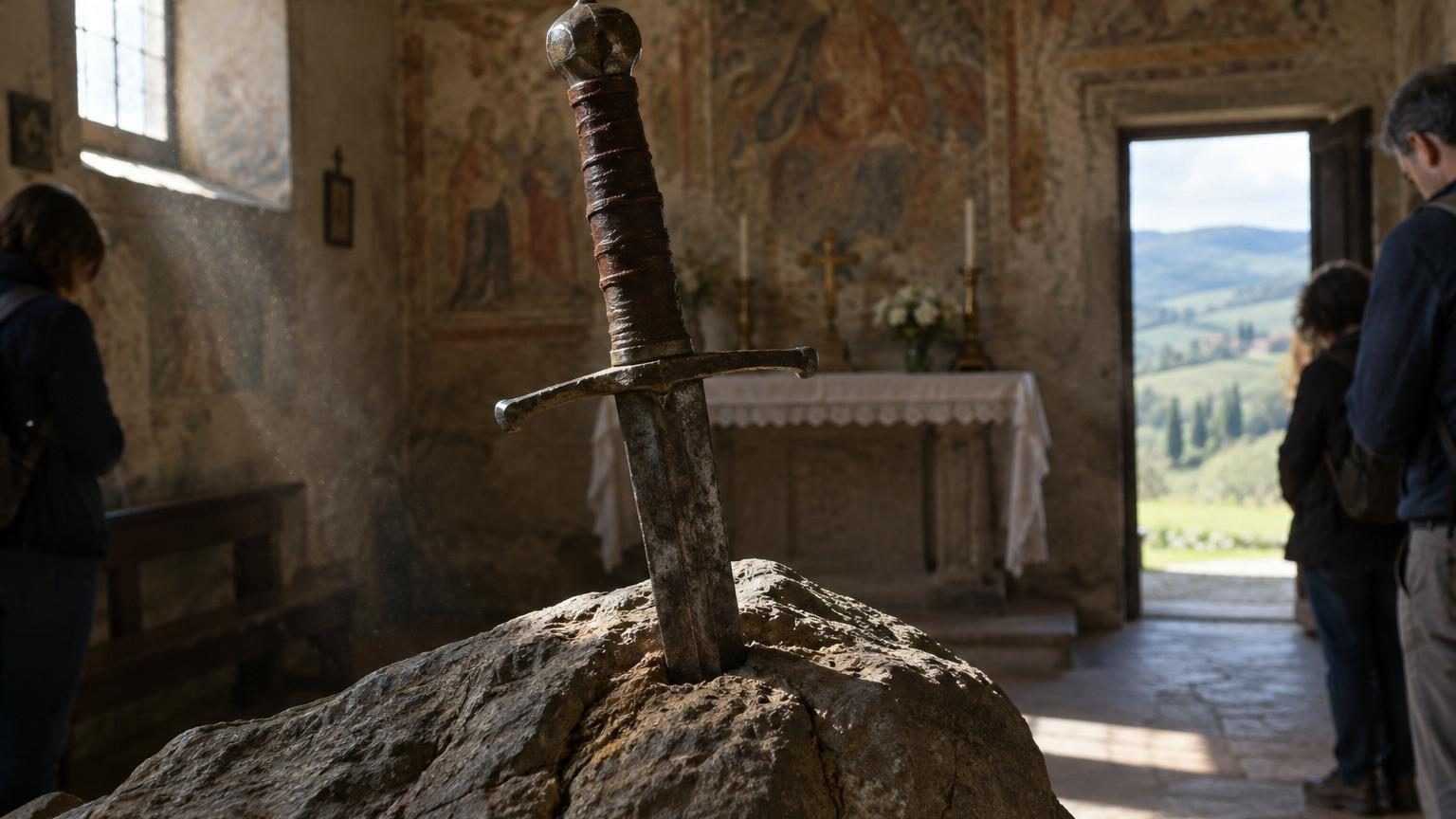 Épée médiévale plantée dans un rocher, garde formant une croix, à l'intérieur d'une chapelle toscane en pierre, visitée par des pèlerins.