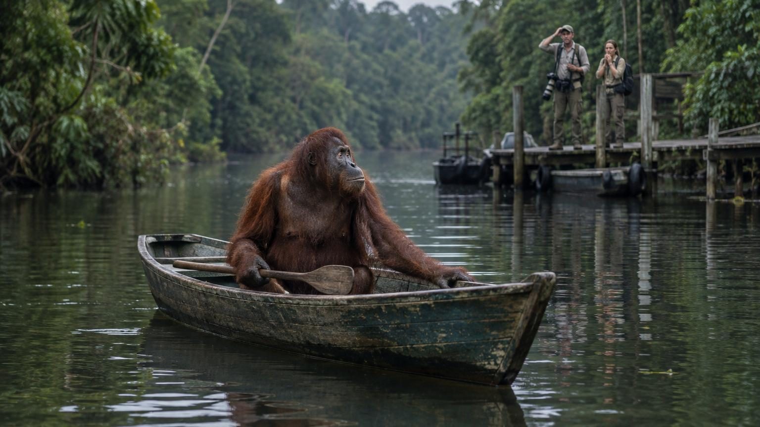 Une équipe de tournage part filmer des orangs-outans en Indonésie : à leur retour au ponton, leur bateau avait disparu
